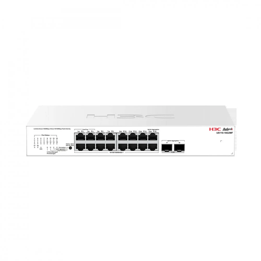 Коммутатор, H3C, Aolynk US110-16G2MF, Управляемый L2, 16 портов Ethernet 10/100/1000 Base-T, 2 порта SFP 2,5G/1G, Кнопочный переключатель - переключатель режимов, Стоечный