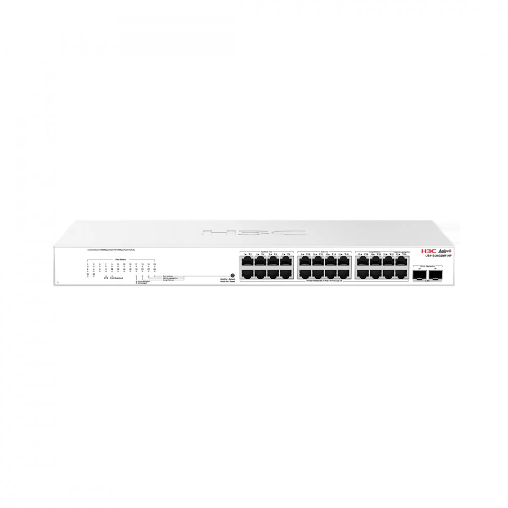 Коммутатор, H3C, Aolynk US110-24G2MF-HP, Управляемый L2, 24 порта Ethernet 10/100/1000 Base-T PoE+, 2 порта SFP 2,5G/1G, Кнопочный переключатель - переключатель режимов, Стоечный, 802.3af/at, бюджет