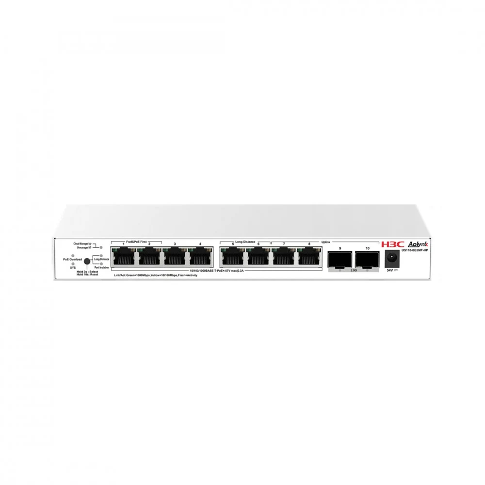 Коммутатор, H3C, Aolynk US110-8G2MF-HP, Управляемый L2, 8 портов Ethernet 10/100/1000 Base-T PoE+, 2 порта SFP 2,5G/1G, Кнопочный переключатель - переключатель режимов, Настольный, настенный, 802.3a