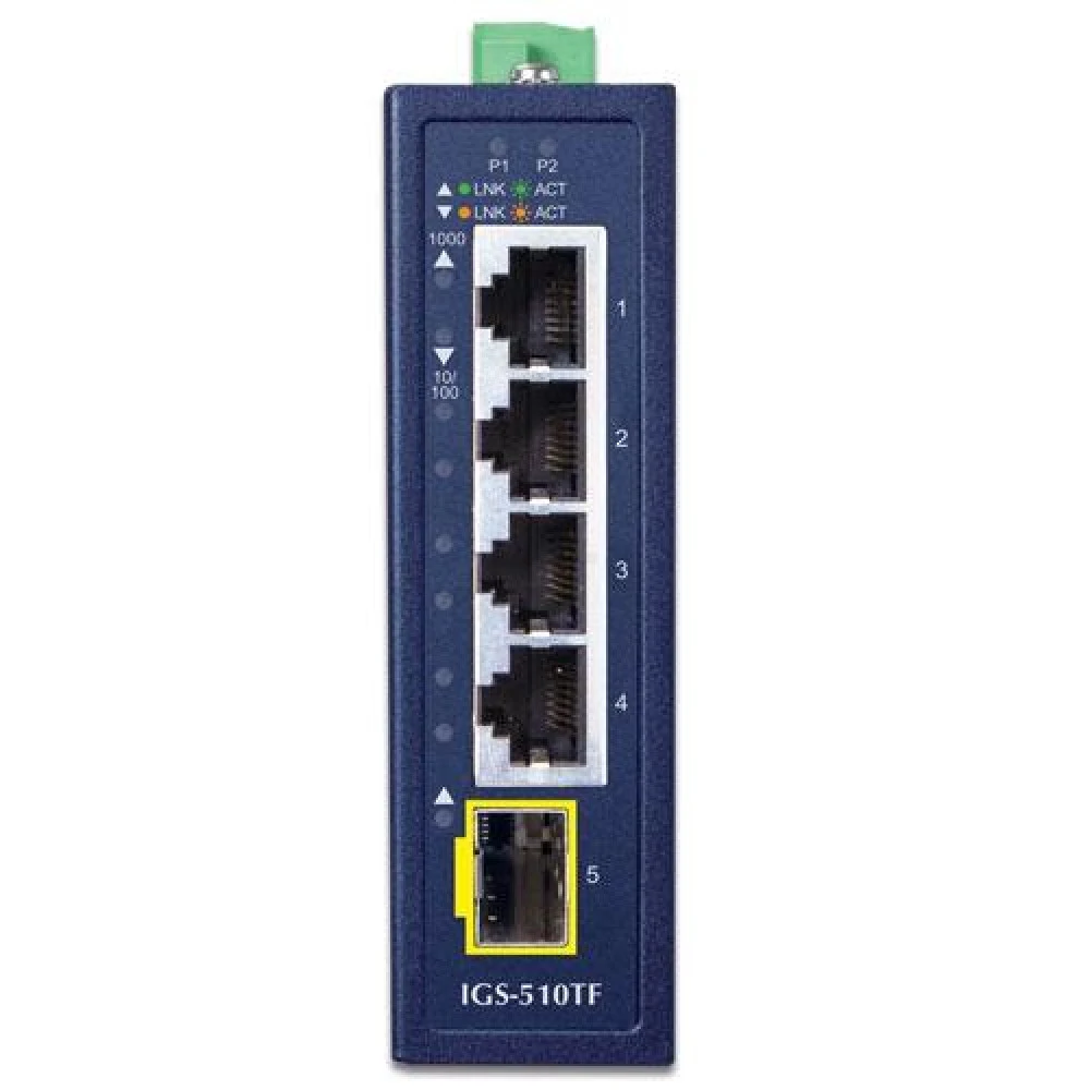 коммутатор/ PLANET IGS-510TF IP30 Compact size 4-Port 10/100/1000T + 1-Port 100/1000X SFP Gigabit Ethernet Switch (-40~75 degrees C, dual 9~48V DC/24V AC)