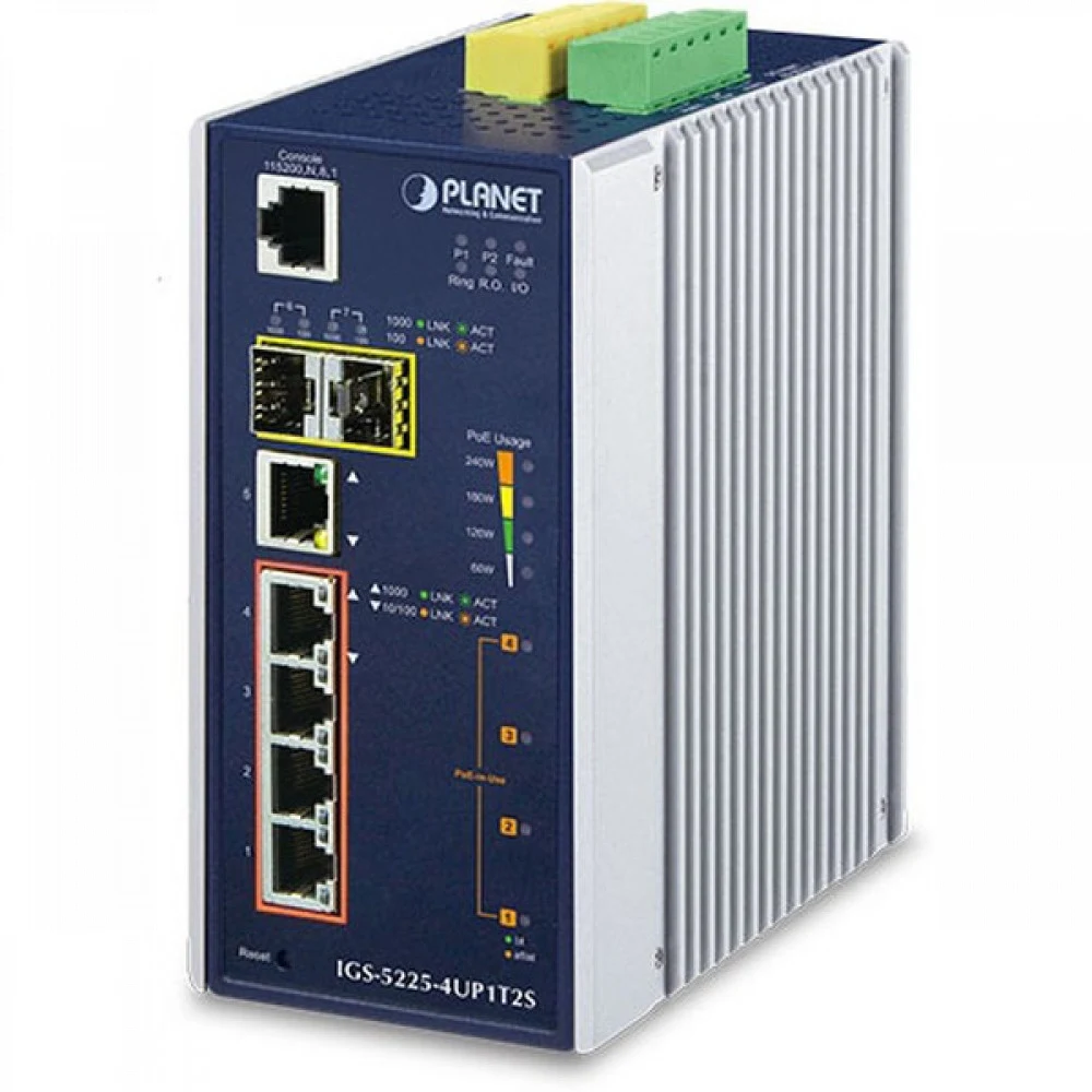 коммутатор/ PLANET IP30 Industrial L2+/L4 4-Port 60W 1000T Ultra PoE+ 1-Port 1000T + 2-port 100/1000X SFP Full Managed Switch (-40 to 75 C, dual redundant power input on 48~56VDC terminal block, DID