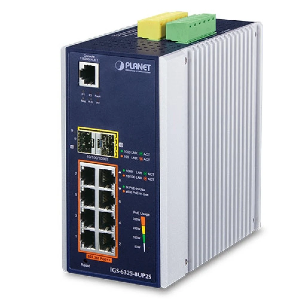 коммутатор/ PLANET IGS-6325-8UP2S IP30 DIN-rail Industrial L3 8-Port 10/100/1000T 802.3bt PoE + 2-port 1G/2.5G SFP Full Managed Switch (-40 to 75 C, 8-port 95W PoE++, 802.3bt/PoH/Force modes, dual r