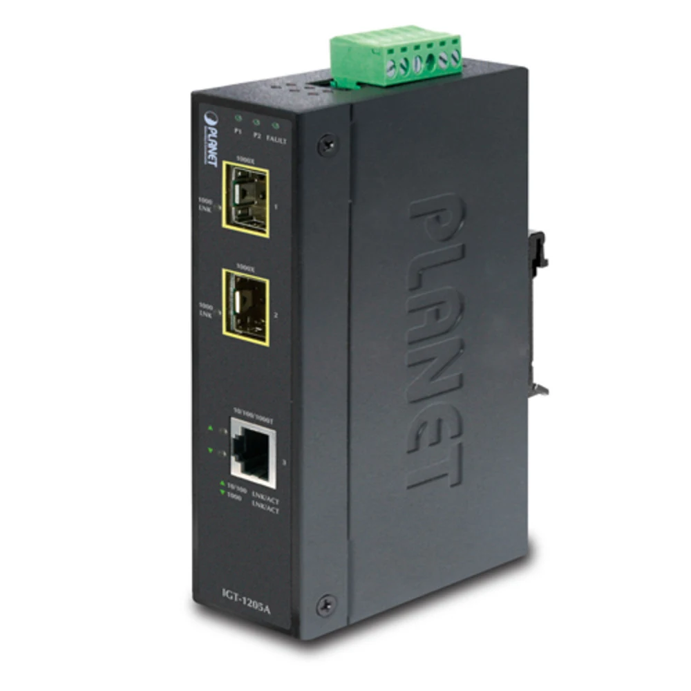 Planet IGT-1205AT - Медиаконвертер в промышленном исполнении IP30 10/100/1000T to 2-Port 100/1000X SFP Gigabit Media Converter (-40 to 75 degree C)