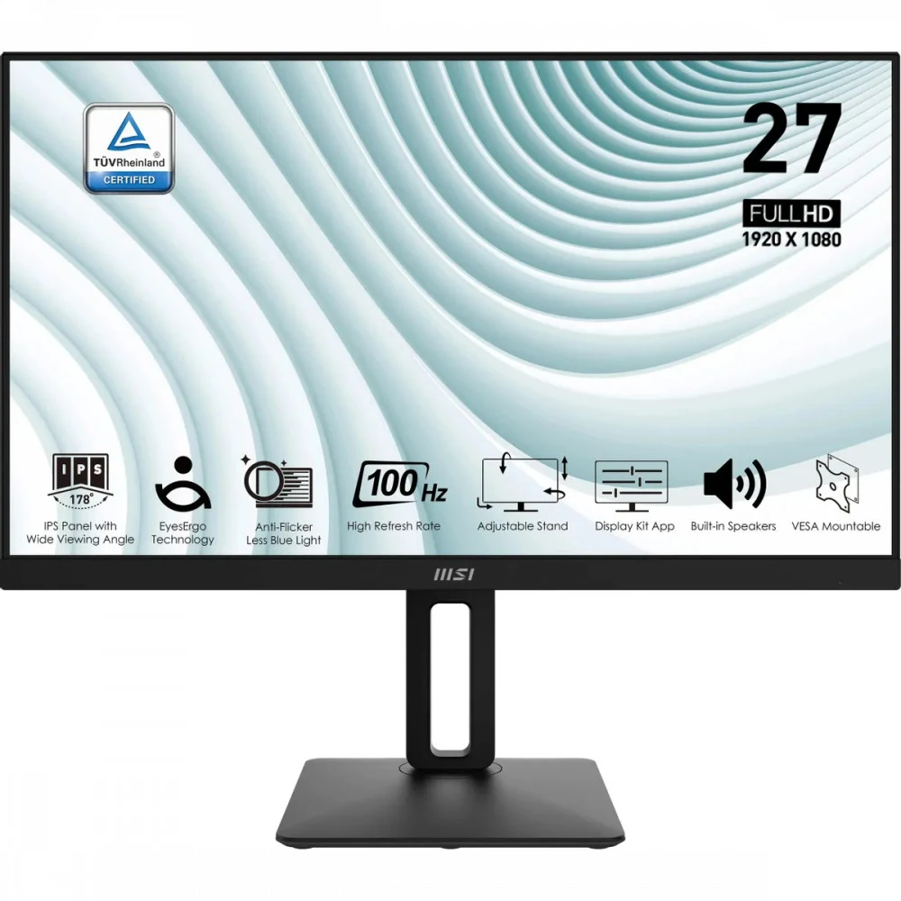 Монитор MSI PRO MP271AP 27" 16:9 FHD(1920x1080), IPS Flat, 1ms(MPRT), 1000:1, 100M:1, 300nit, 178/178, HDMI 1.4b, DP 1.2a, VGA, Speaker, Tilt, Swivel, Height, Pivot, 100HZ, Black, 1y war-ty