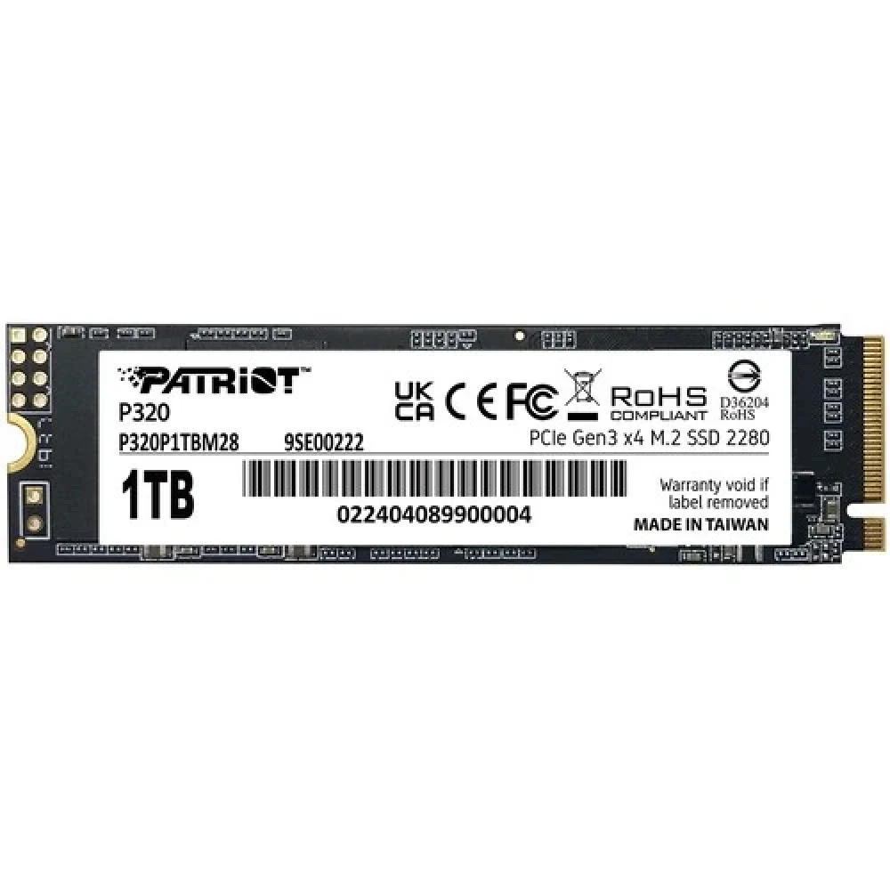 Твердотельный накопитель SSD M.2 Patriot 1.0Tb P320 <P320P1TBM28> (PCIe 3x4, up to 3000/2200MBs, 3D NAND, NVMe 1.3, 480TBW, 22х80mm)