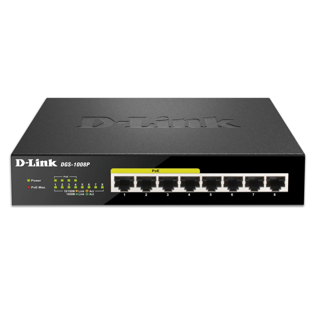 D-Link DGS-1008P/F3A Неуправляемый коммутатор с 8 портами 10/100/1000Base-T (4 порта PoE 802.3af/at, PoE-бюджет 60 Вт)