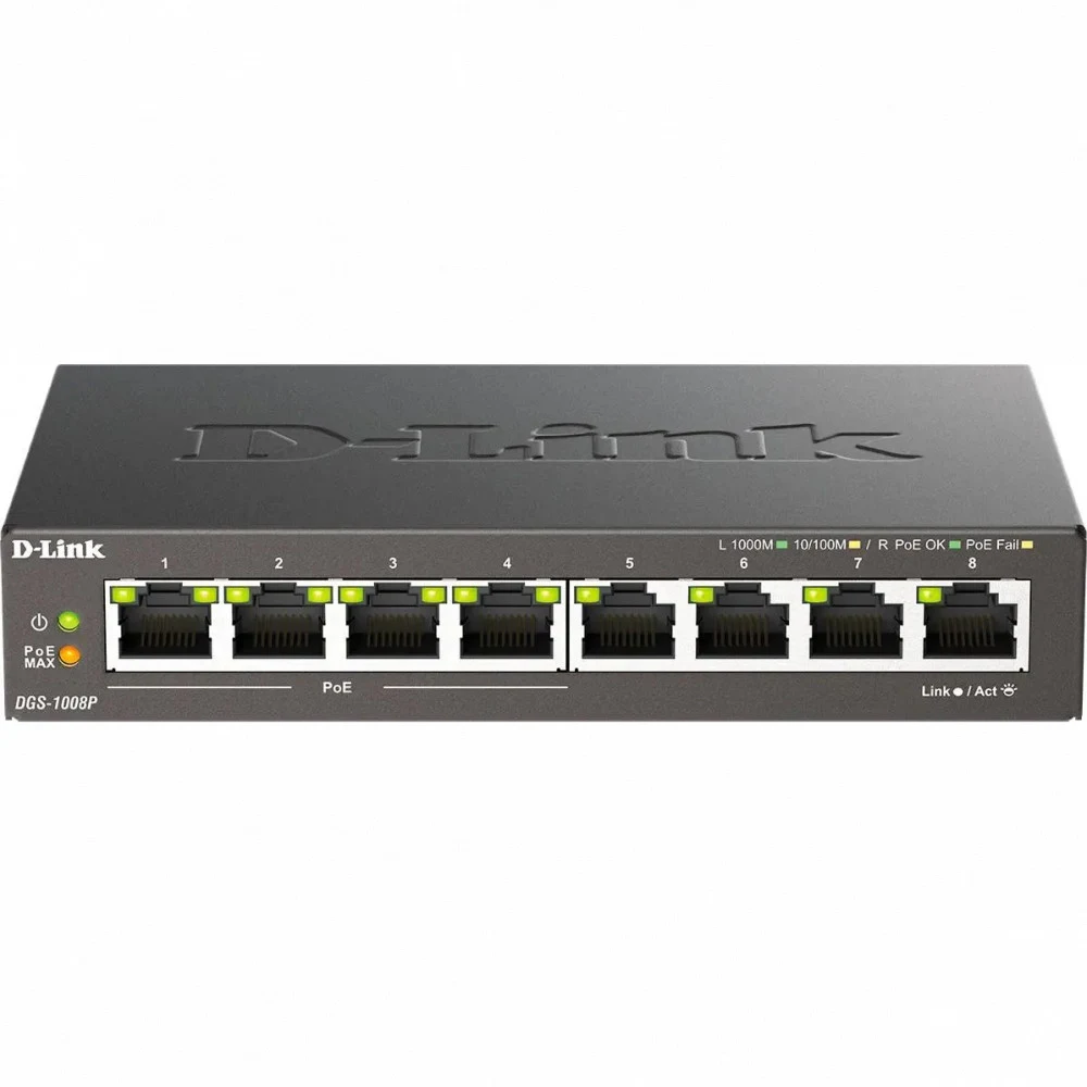 Коммутатор, D-Link, DGS-1008P/F3A, Неуправляемый, настольный, 8 портов 10/100/1000М, Корпус металл, 4 порта PoE 802.3af/at, PoE-бюджет 80 Вт
