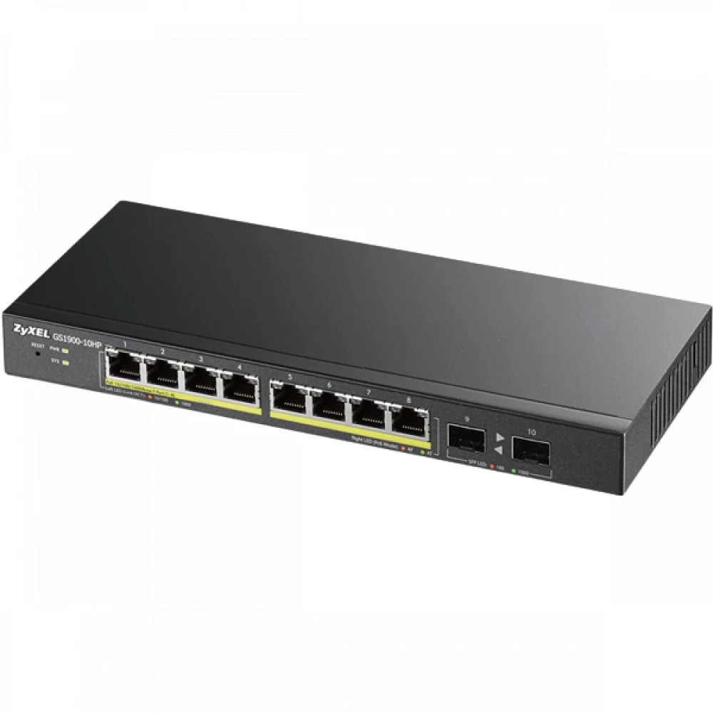 Smart L2 Gigabit PoE Switch Zyxel GS1900-10HP, 8xRJ-45: 1G PoE+, 2xSFP, 77W PoE budget, desktop, fanless