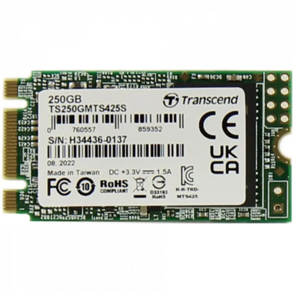 Твердотельный накопитель/ Transcend SSD 425S, 250GB, M.2(22x42mm), SATA3, 3D TLC, R/W 500/330MB/s, IOPs 40 000/75 000, TBW 90, DWPD 0.3 (12 мес.)