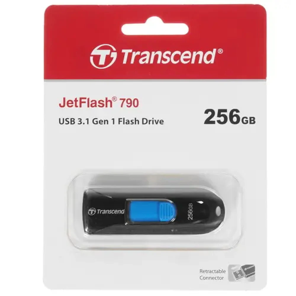 Флеш накопитель 256GB Transcend JetFlash 790, USB 3.1 Gen 1, Черный/Синий
