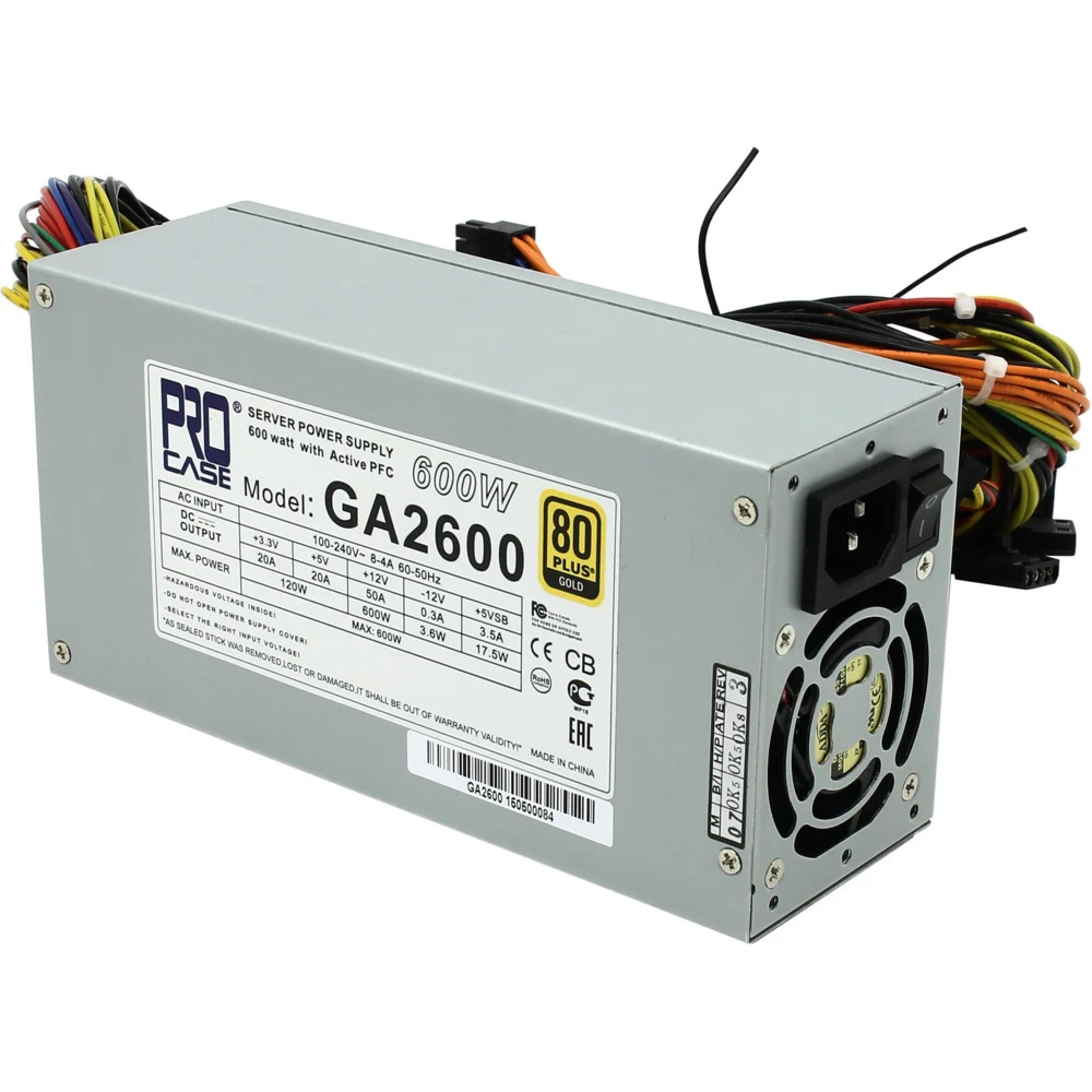 Procase GA2600 Блок питания ATX 2U 2FAN (600W), 80+ Gold, 200*100*70mm, Активный PFC, +5B=20A, +12B=50A, +3,3B=20A, 5VSB=3.5A, -12B=0.3A, Защита от перегрузки 105-150%, Входное напряжение 160-240В