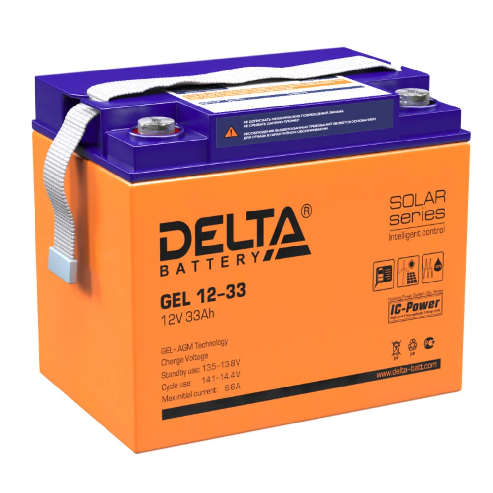 Аккумуляторная батарея Delta GEL 12-33 12В/33Ач, клемма Болт М6 (195х132х168мм (168мм) 10,6кг Срок службы 10-12лет Га