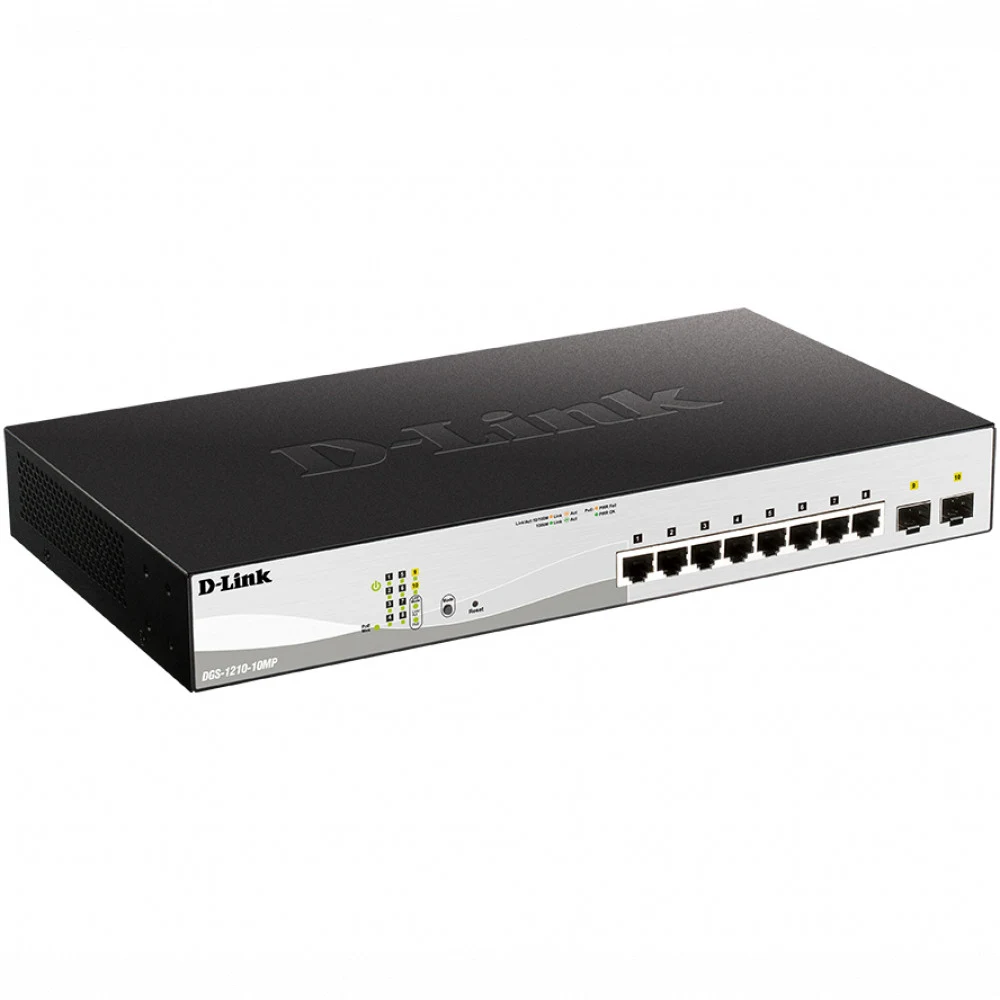 D-Link DGS-1210-10MP/FL1A, L2 Managed Switch with 8 10/100/1000Base-T ports and 2 1000Base-X SFP ports (8 PoE ports 802.3af/802.3at (30 W), PoE Budget 130 W).8K Mac address, 802.3x Flow Control, 256