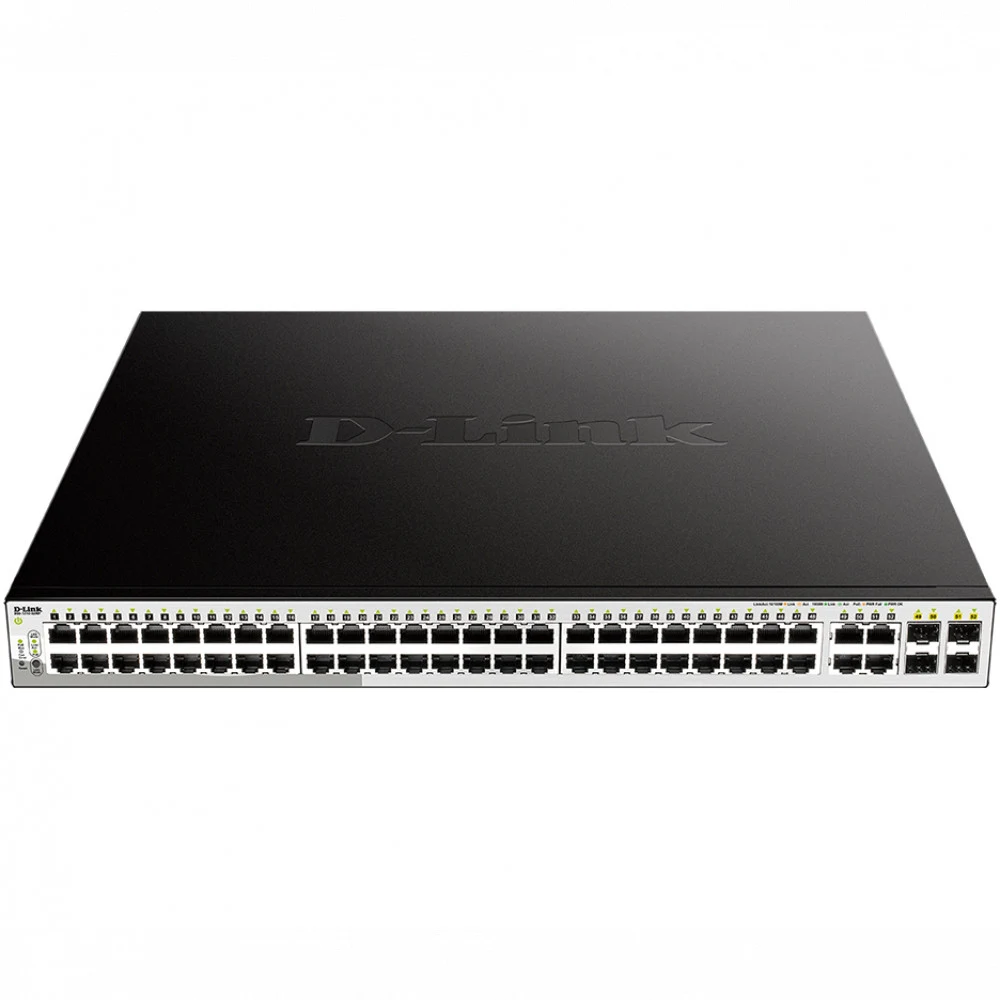 D-Link DGS-1210-52MP/FL1A, L2 Managed Switch with 48 10/100/1000Base-T ports and 4 100/1000Base-T/SFP combo-ports (48 PoE ports 802.3af/802.3at (30 W), PoE Budget 370 W).16K Mac address, 802.3x Flow