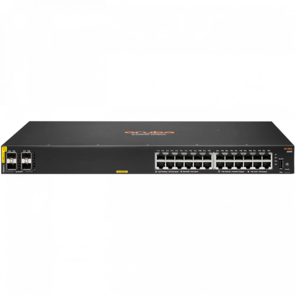 Коммутатор HPE Aruba Networking CX 6000 24G Class4 PoE 4SFP 370W Switch 24x ports 10/100/1000BASE-T Ports 4x 1G/1G SFP ports Supports PoE Standards IEEE 802.3af, 802.3at 1x USB-C Console Port 1x USB