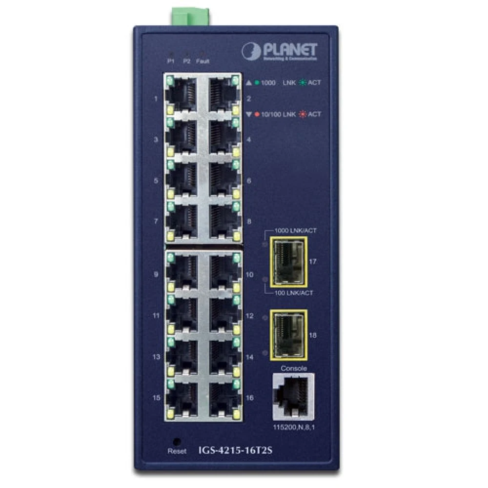 коммутатор/ PLANET IGS-4215-16T2S IP30 Industrial L2/L4 16-Port 10/100/1000T + 2-Port 100/1000X SFP Managed Switch (-40~75 degrees C, dual redundant power input on 12~48VDC/24VAC terminal block)