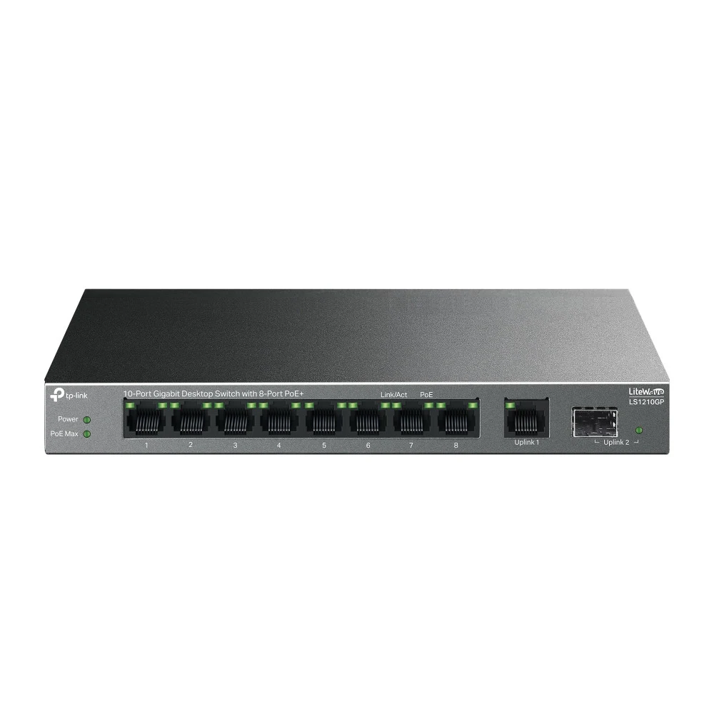 Коммутатор, TP-Link, LS1210GP, 9 портов 10/100/1000 Мбит/с (порты 1–8 поддерживают стандарты 802.3af/at), 1 порт SFP, Бюджет PoE: 61 Вт, настольный