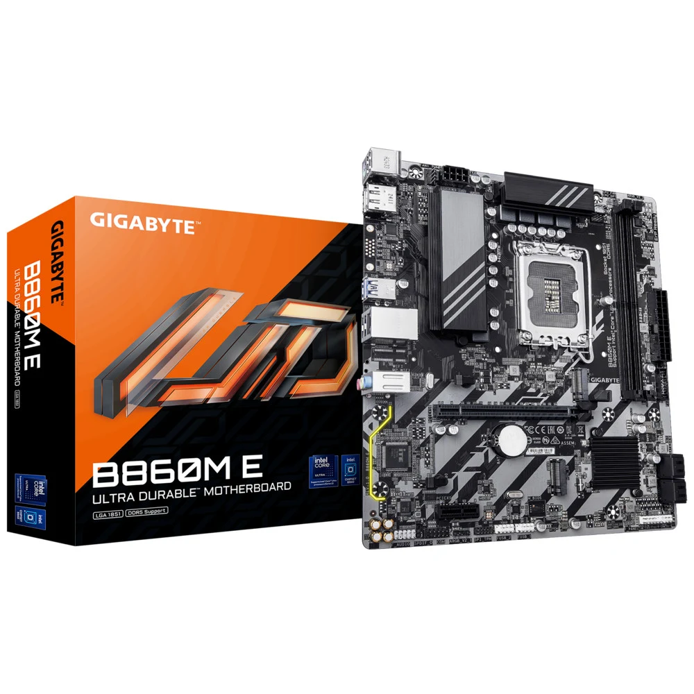 Материнская плата, Gigabyte, B860M E (4719331868260), LGA1851, iB860, 2xDDR5 5600/6400/8800(OC), 4xSATA3, Raid, 2xM.2 (PCI-E 4.0x4/x2), 1хDP, 1xHDMI, 1xDP, mATX