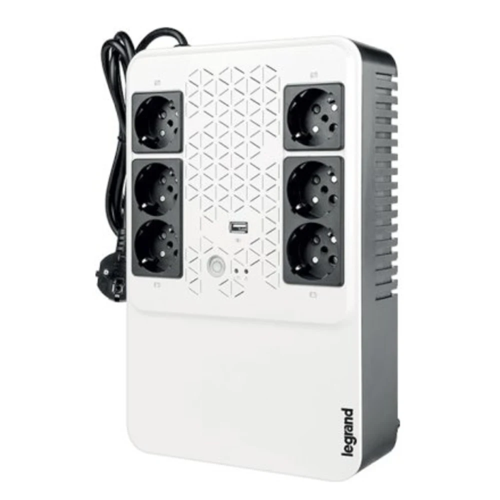 Источник бесперебойного питания, Legrand, Keor Multiplug 800 ВА 310082, Мощность 800ВА/480Вт, Линейно-интерактивный, Напольный, LED индикаторы/USB, Диапазон работы AVR:170-290В, Бат.: 12В/7Ач., Вых: