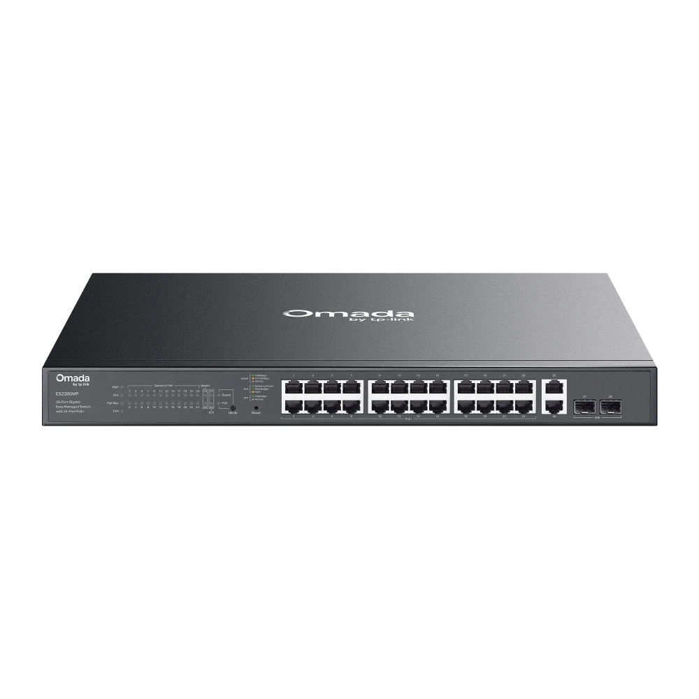 Коммутатор PoE+ GbE Easy Managed 28-портовый TP-Link Omada ES228GMP &lt Omada 24 порта GbE 802.3af/at PoE+, 2 порта GbE RJ45, 2 гигабитных SFP порт, QoS 802.1p/DSCP, IGMP Snooping, бюджет мощности P