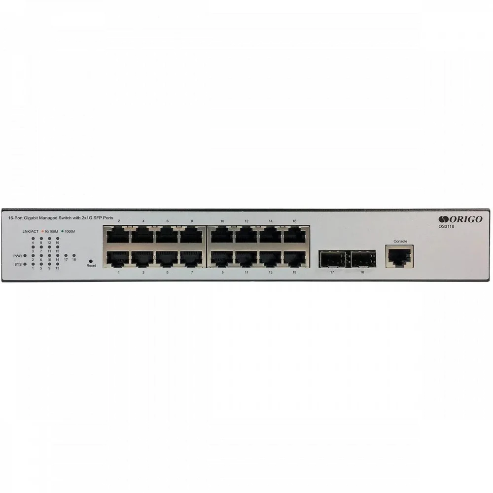 Коммутатор ORIGO Управляемый L2 коммутатор, 16x1000Base-T, 2x1000Base-X SFP, консольный порт RJ-45, комплект для установки в 19" стойку