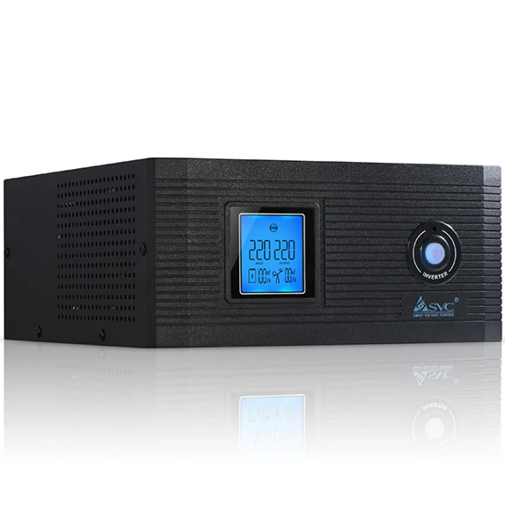 SVC Инвертор DI-1200-F-LCD, 1200ВА/1000Вт, AVR в реж. ИБП: 203-238±5В, AVR в реж. инвертора:150-255±5В, Вход:12/220В, Вых.:220±10В, 50Гц±0.5%,Внешние АКБ(не входят в комплект),LCD-дисплей, Напольный