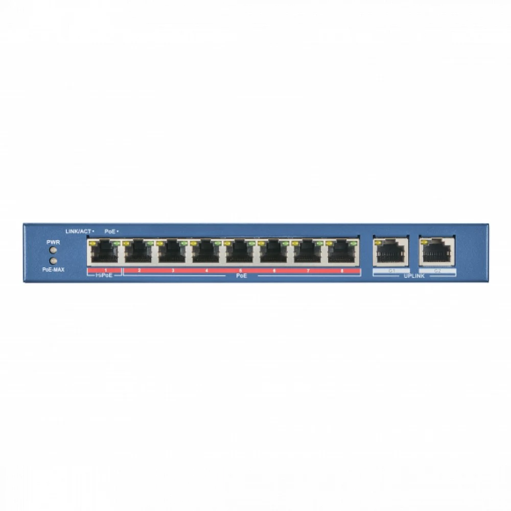 PoE Сетевой коммутатор | Интерфейс: PoE 8×RJ45 10/100Мбит/с / Uplink 2×RJ45 1Гбит/с | PoE Стандарт: IEEE 802.3af / IEEE 802.3at | Скорость коммутации: 5.6 Гбит/с | Скорость передачи пакетов: 4.17Мби