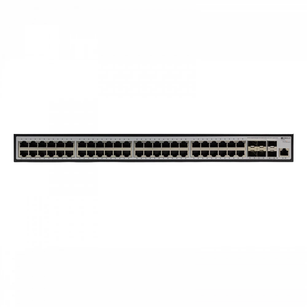 Коммутатор ORIGO Управляемый L3 PoE-коммутатор, 48x1000Base-T PoE, 6x10GBase-X SFP+, PoE-бюджет 880 Вт, консольный порт RJ-45, комплект для установки в 19" стойку