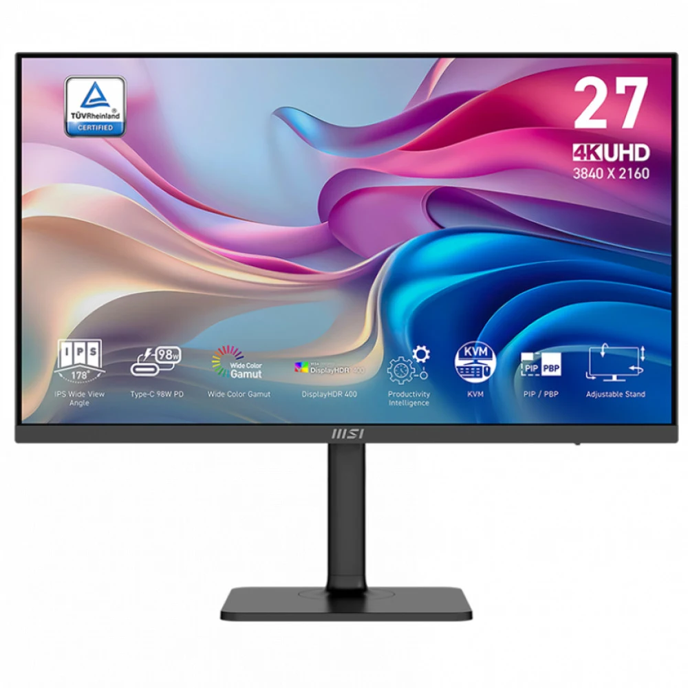 Монитор 27" MSI Modern MD272UPHG IPS, 3840x2160, 60Hz, 4ms, 400сd/m, 1000:1, HDR10 | 2xHDMI(2.0b), DP(1.4a), Type-C(PD-98W), 3xUSB3.2 | HAS, Pivot, Swivel, InPSU, Speakers, Vesa 75, Black