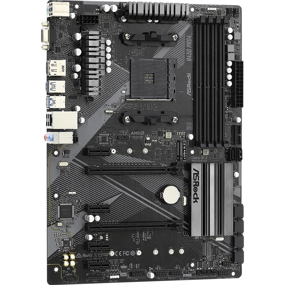 Материнская плата ASRock B450 PRO4 R2.0, Socket AM4, AMD B450, 4xDDR4-2667, D-SUB+HDMI+DP, 2xPCI-Ex16, 4xPCI-Ex1, 6xSATA3(RAID 0/1/10), 2xM.2, 8 Ch Audio, GLan, (2+4)xUSB2.0, (5+2)xUSB3.2, 1xUSB3.2