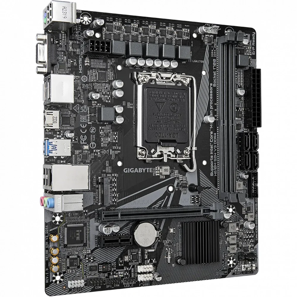 Материнская плата, Gigabyte, H610M S2H V3 DDR4 (4719331859732), LGA1700, iH610, 2xDDR4 3200/3000/2933/2400 MHz, 4xSATA3, 1xM.2 (PCI-E 3.0x4/x2), 1xD-Sub, 1xHDMI, 2xDP, 1xPCI-Ex16, 1xPCI-Ex1, mATX