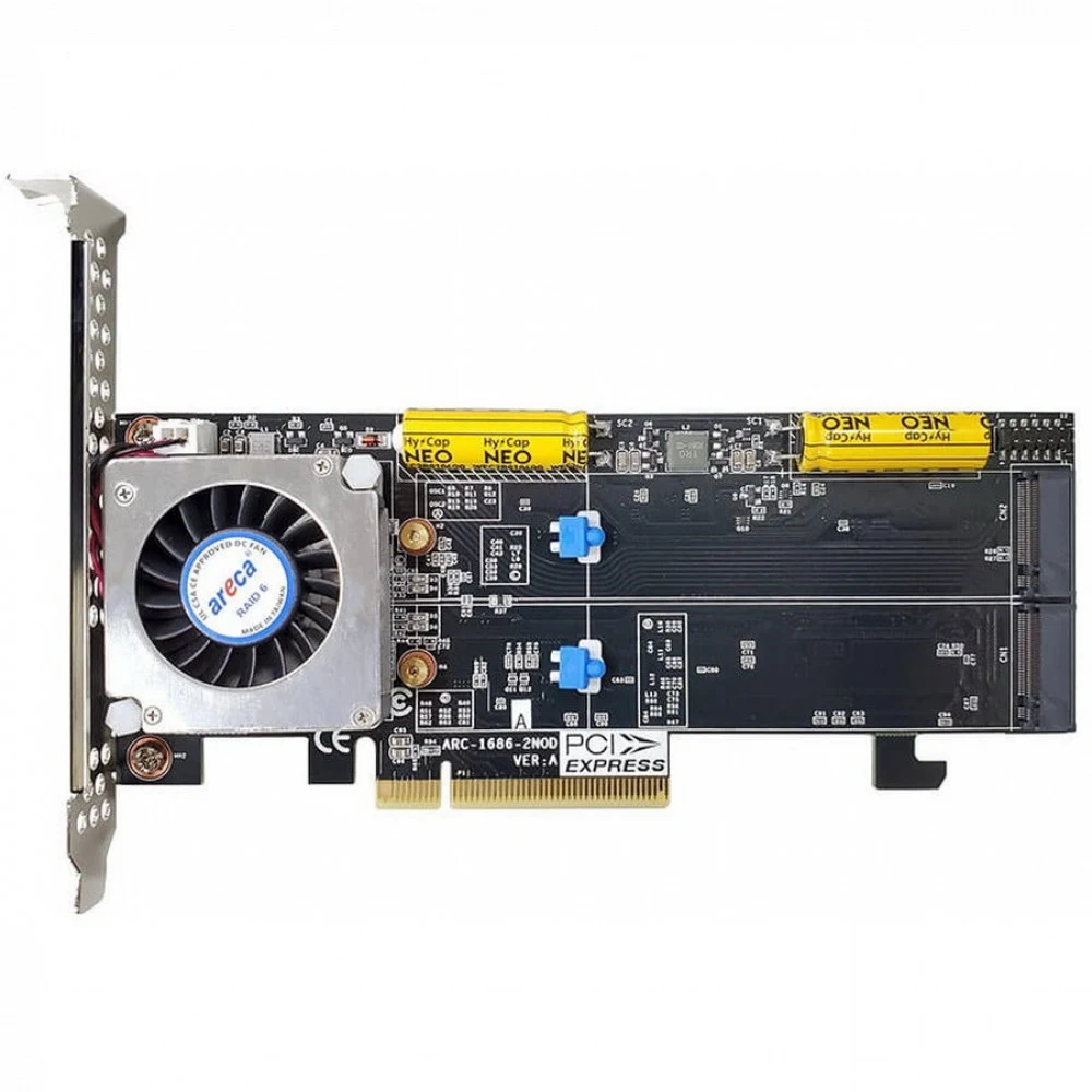 RAID-контроллер Areca ARC-1686-2NOD PCIe 4.0 x8 Low Profile, 2 x M.2 Connector, Tri-mode interface at each M.2 bays - 12Gb/s SAS/SATA / Gen 4.0 PCIe (NVMe), RAID 0,1,10,JBOD, Hold-up Supercapacitor