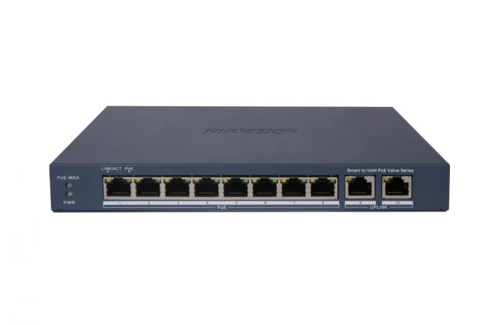 PoE Сетевой коммутатор | Интерфейс: PoE 8×RJ45 10/100Мбит/с / Uplink 2×RJ45 1Гбит/с | PoE Стандарт: IEEE 802.3af / IEEE 802.3at | Скорость коммутации: 5.6 Гбит/с | Скорость передачи пакетов: 4.17Мби