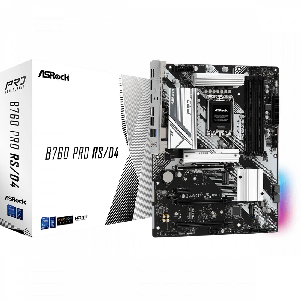 Материнская плата, ASRock, B760 PRO RS/D4 (4710483942075), LGA1700, iB760, 4xDDR4 3200/5333+(OC), 4xSATA3, 3xM.2 (2*PCI-E 4.0x4, 1*PCI-E 4.0x2), Raid, 1xDP, 1xHDMI, 2xPCI-Ex16, 1xPCI-Ex1, ATX