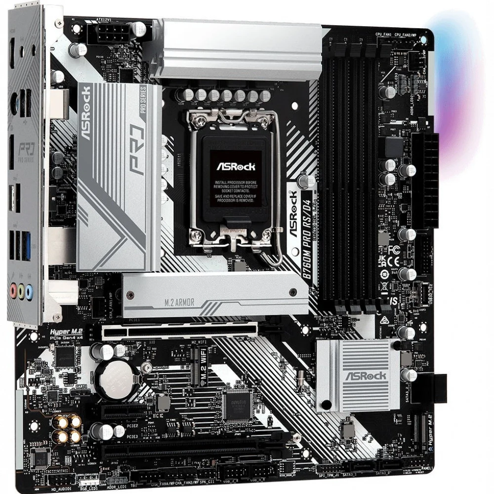 Материнская плата, ASRock, B760M PRO RS/D4 (4710483941702), LGA1700, iB760, 4xDDR4 2933/3200/5333+(OC), 4xSATA3, 2xM.2 (PCI-E 4.0x4), Raid, 1xDP, 1xHDMI, 2xPCI-Ex16, 1xPCI-Ex1, mATX
