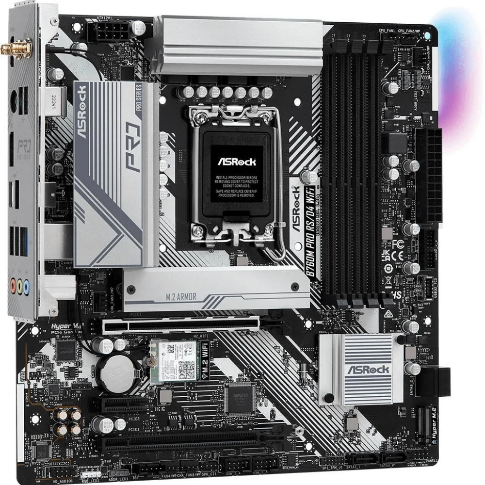 Материнская плата, ASRock, B760M PRO RS/D4 WIFI (4710483941719), LGA1700, iB760, 4xDDR4 3200/5333+(OC), 4xSATA3, 2xM.2 (PCI-E 4.0x4), Raid, 1xDP, 1xHDMI, 2xPCI-Ex16, 1xPCI-Ex1, WiFi, mATX