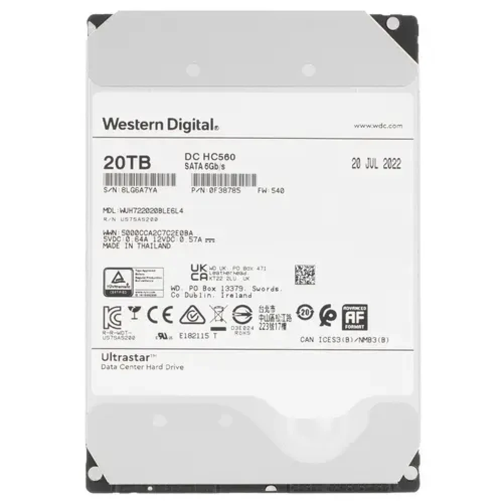 Жесткий диск WD SATA-III 20TB 0F38785 WUH722020BLE6L4 Server Ultrastar DC HC560 512E (7200rpm) 512Mb 3.5" [0F38785]