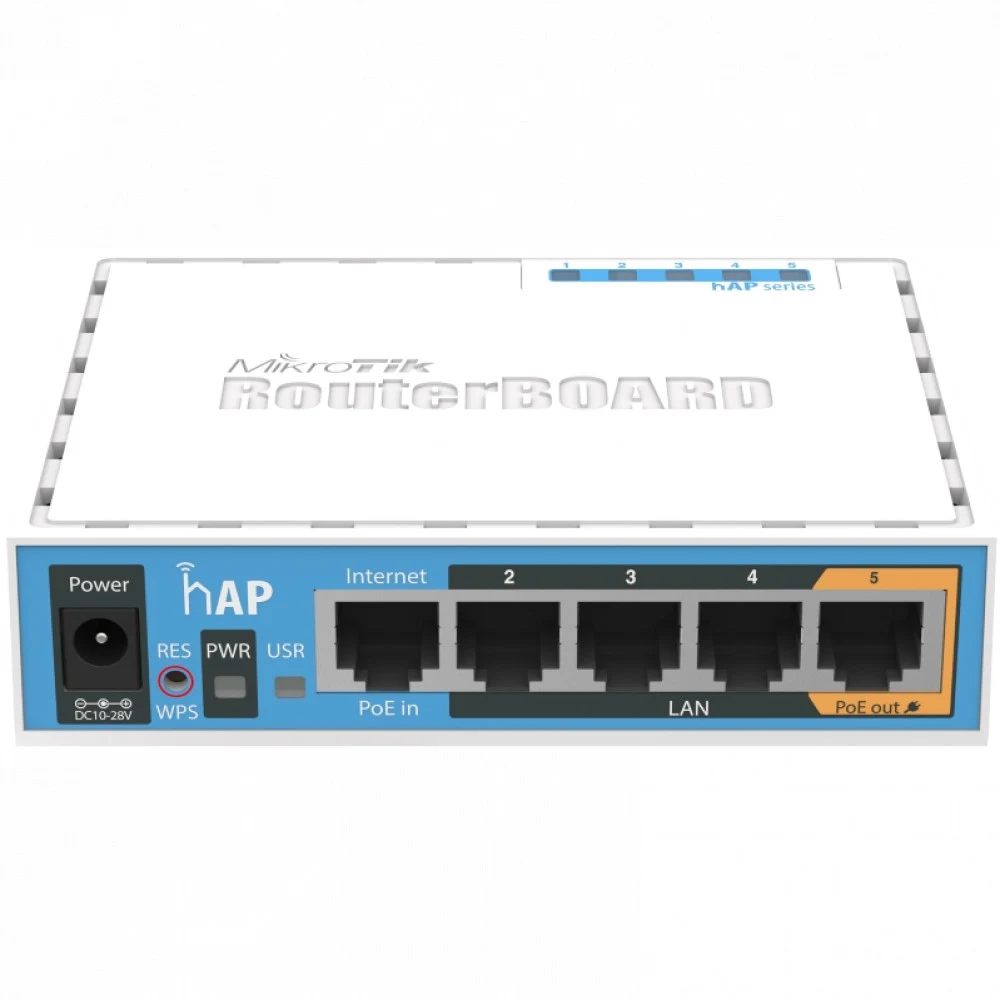 Точка доступа wi-fi MikroTik hAP with 650MHz CPU, 64MB RAM, 5xLAN, built-in 2.4Ghz 802.11b/g/n 2x2 two chain wireless with integrated antennas, USB, RouterOS L4, desktop case, PSU