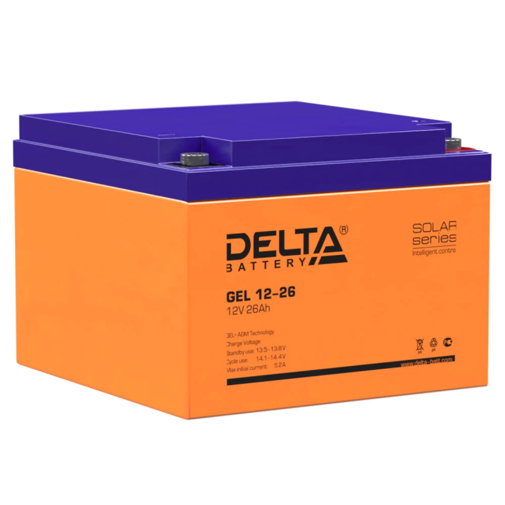 Аккумуляторная батарея Delta GEL 12-26 12В/26Ач, клемма Болт М6 (166х175х125мм (125мм) 8,1кг Срок службы 10-12лет Гар
