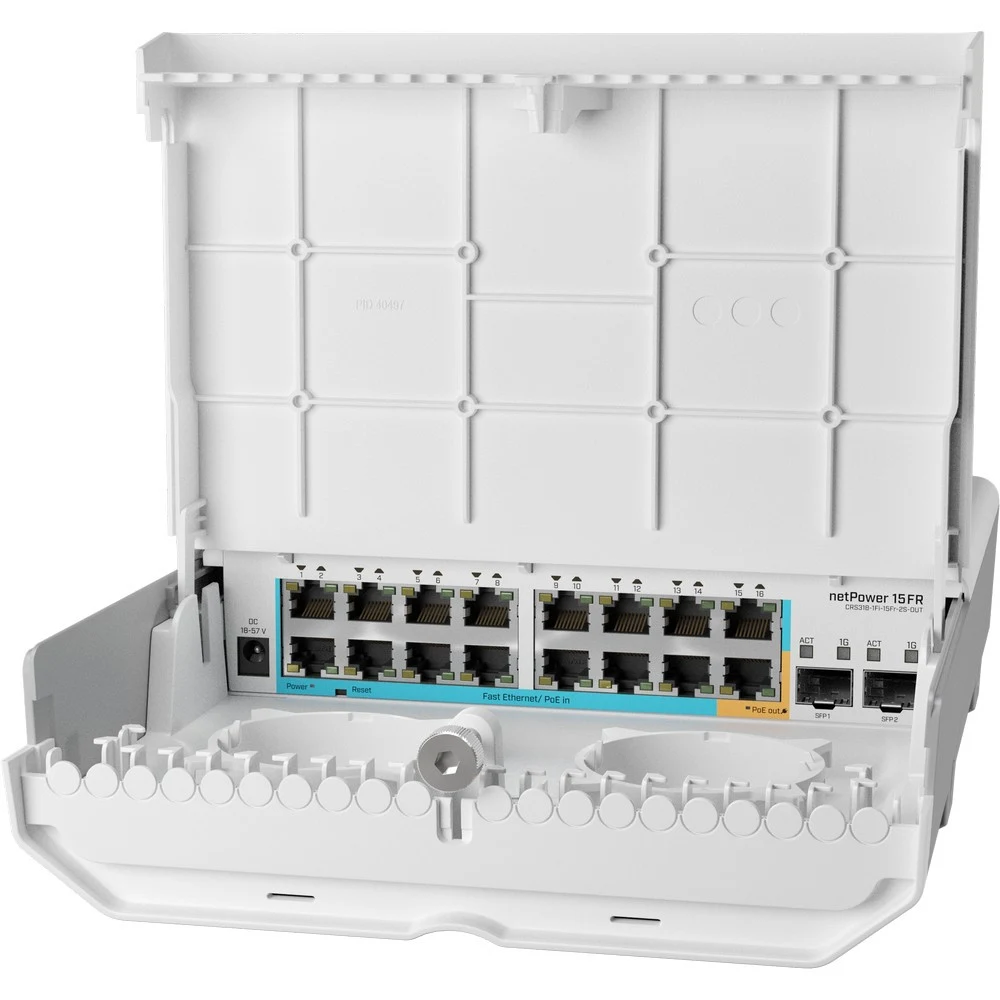 netPower 15FR netPower 15FR with 800MHz CPU, 256MB RAM, 16 x 10/100Mbps Ethernet ports (15 with Reverse POE-in, 1 with PoE-OUT), 2 x SFP,RouterOS L5 or SwitchOS (dual boot), outdoor enclosure, mount