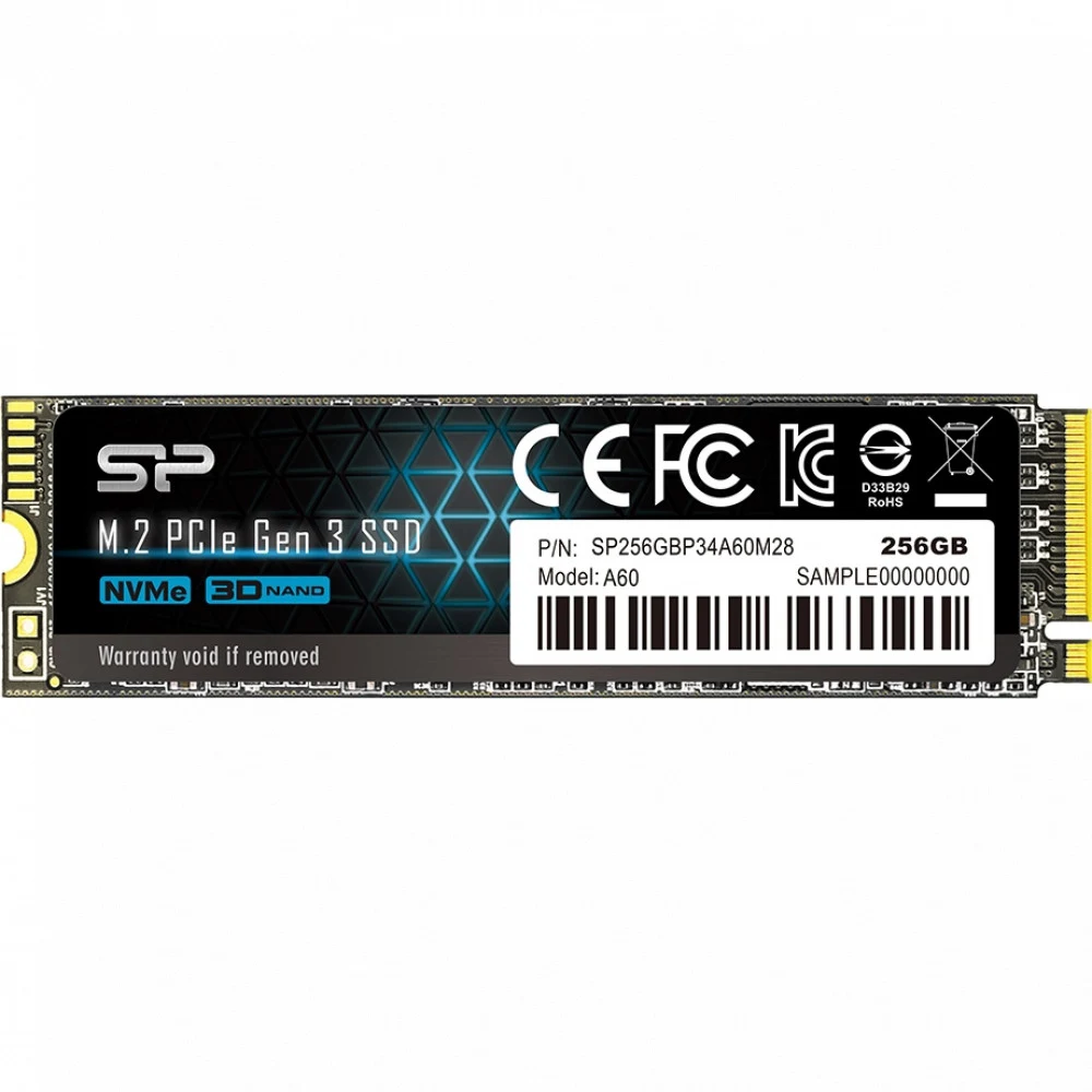 Твердотельный накопитель SSD M.2 Silicon Power 256GB A60 <SP256GBP34A60M28> (PCI-E 3.0 х4, up to 2200/1200MBs, 230000 IOPs, 3D TLC, NVMe 1.3, 150TBW, 22х80мм)
