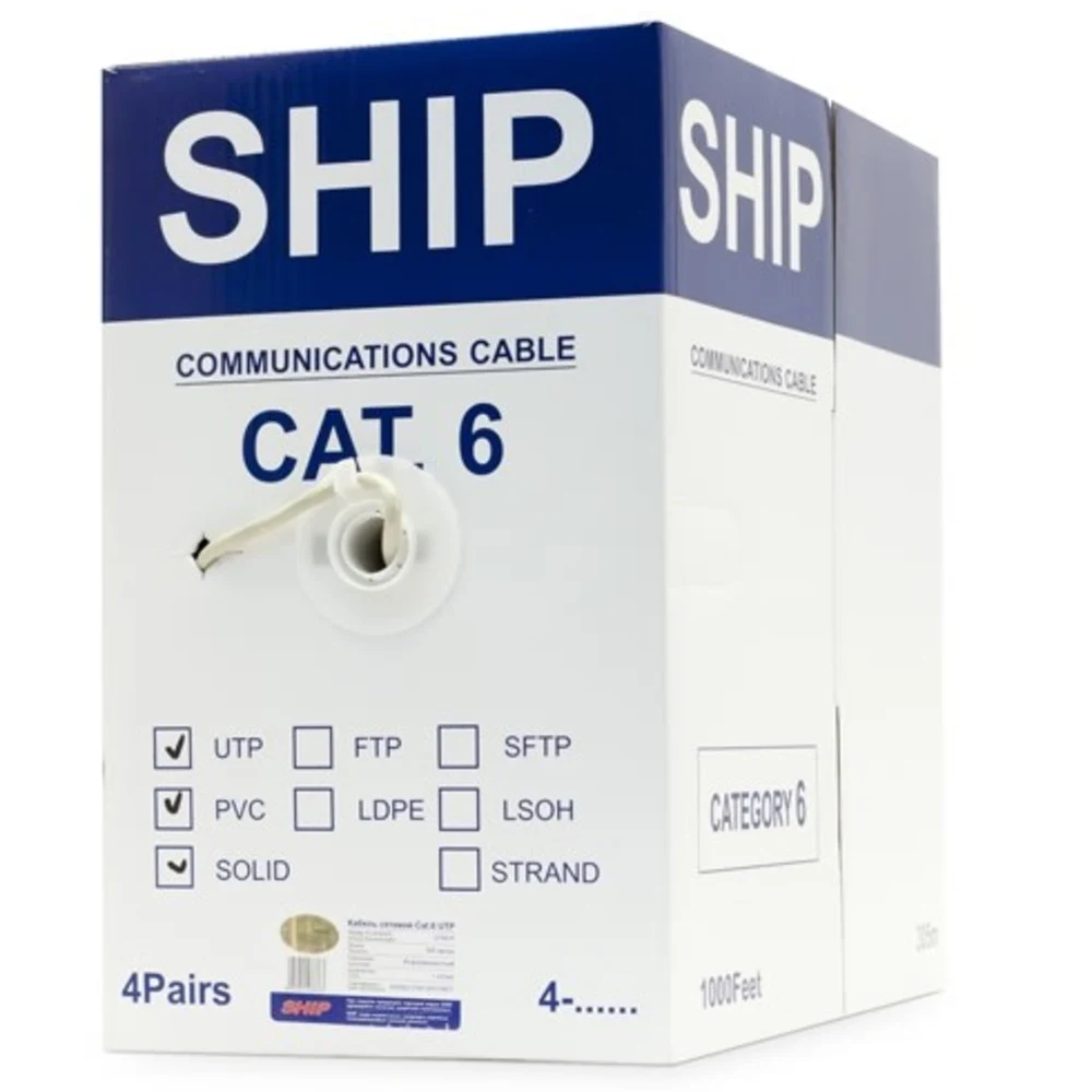 Кабель сетевой, SHIP, D165S-P, Cat.6, UTP, 4x2x7/0.195мм, PVC, 305 м/б (Многожильный) Описание и характеристики Кабель сетевой SHIP D165S-P Это неэкранированный (UTP), многожильный 4 - х парный кабе