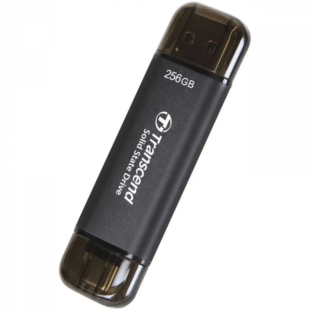 Transcend External SSD ESD310C, 256GB, Type C/A, USB 10Gbps (3.2 Gen2), R/W 1050/950MB/s, 71x20x8mm, 11g, Black (5 лет) ESD310C - это самый маленький портативный твердотельный накопитель Transcend,