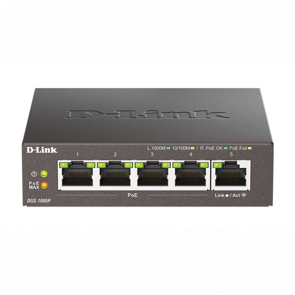 Коммутатор, D-Link, DGS-1005P/B3A, Настольный, неуправляемый, 5 портов 10/100/1000M RJ45, (4 порта PoE 802.3af/at, PoEбюджет 60 Вт)