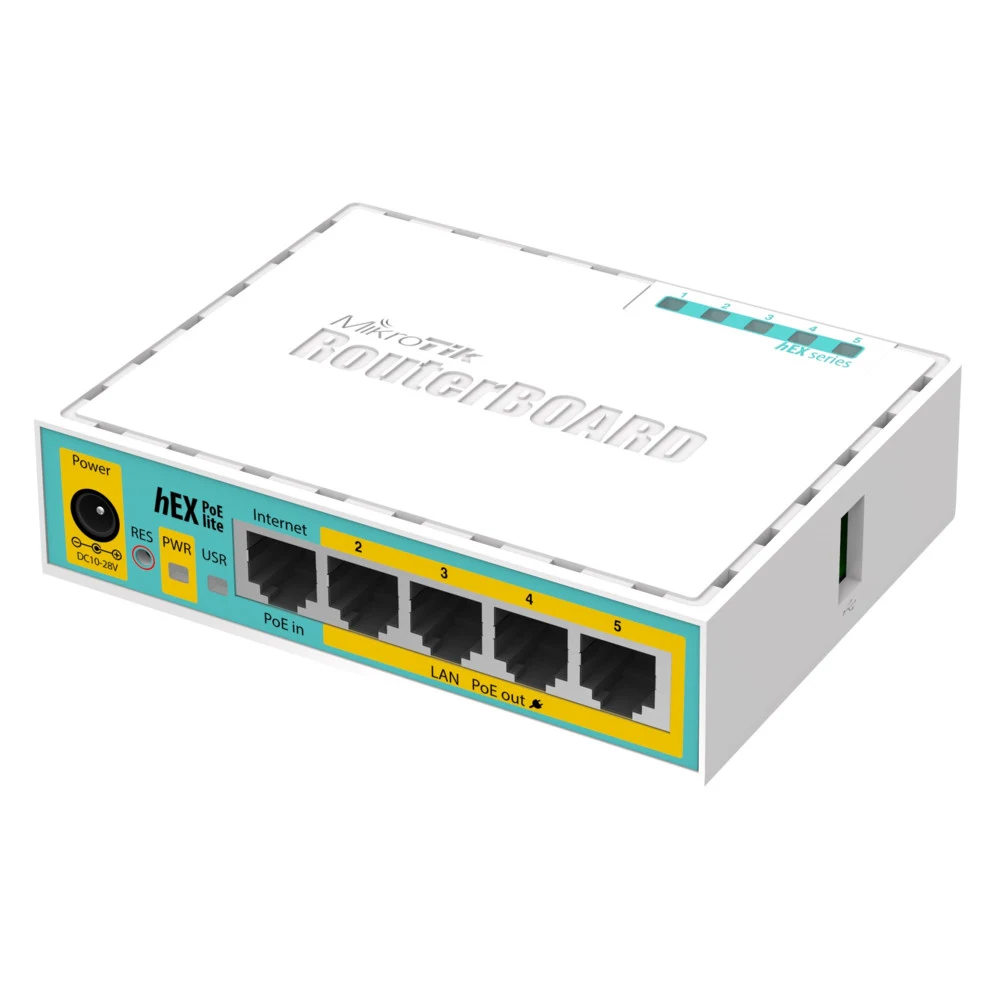 Маршрутизатор, MikroTik, RB750UPr2, hEX PoE lite, 5 портов 10/100M, (Ether2-Ether5 Passive PoE, 2А), Passive PoE in, RouterOS (4), -40°C to 70°C, plastic case