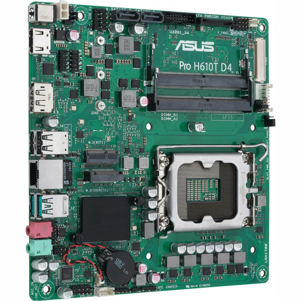 Материнская плата mini-ITX ASUS PRO H610T D4-CSM (LGA1700, H610, 2*DDR4 (3200), 2*SATA 6G, M.2, Glan, HDMI, DP, 2*USB 3.2, 2*USB 2.0)