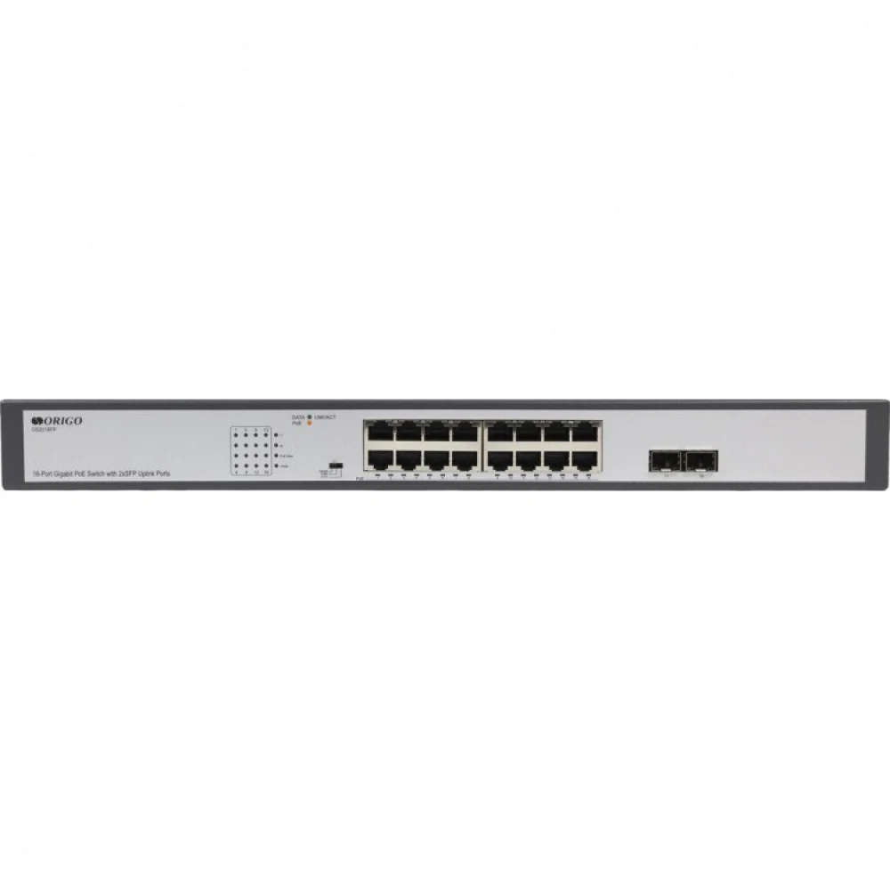 Коммутатор ORIGO Неуправляемый PoE-коммутатор, 16x1000Base-T PoE, 2x1000Base-X SFP, PoE-бюджет 250 Вт, PoE до 250 м, комплект для установки в 19" стойку