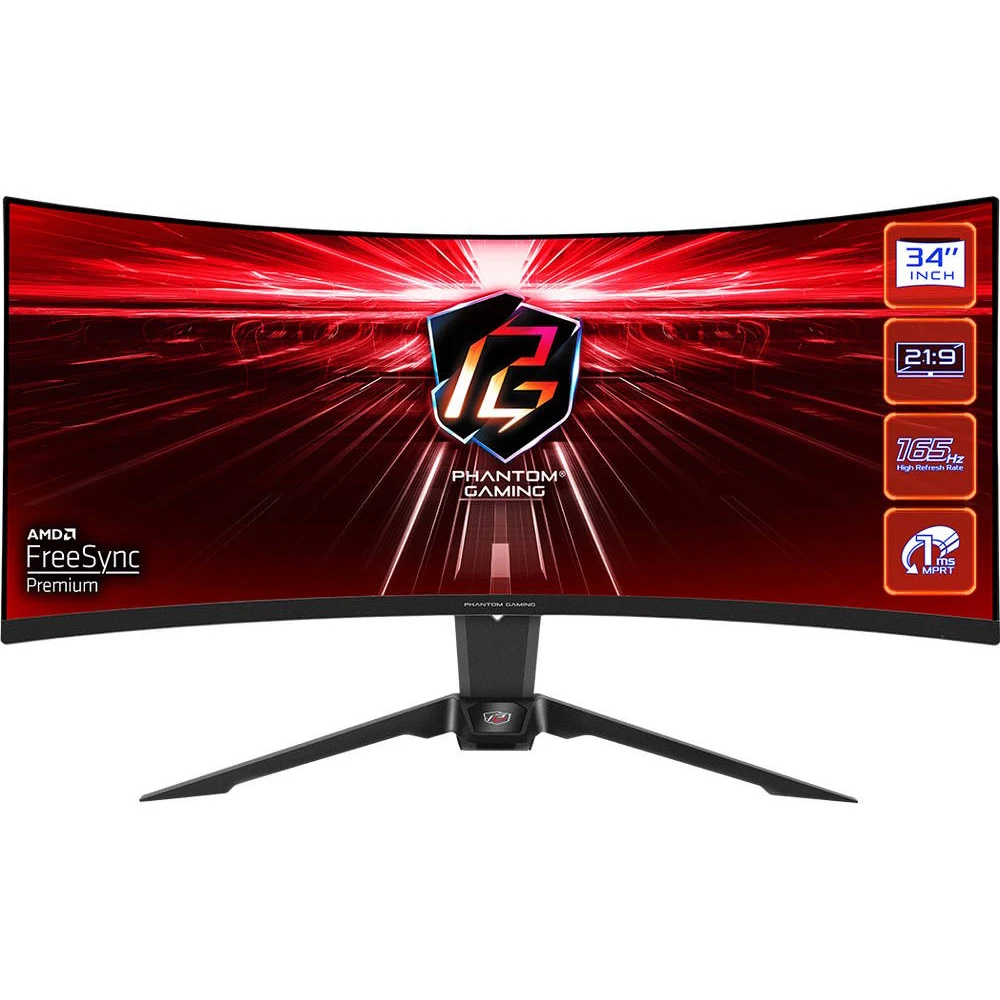 Геймерский Профессиональный Монитор из серии PHANTOM GAIMING 34" ASRock PG34WQ15R2B VA 3440x1440@165Hz 1мс 300cd/m2 3000:1 Curved 1500R, HDR 400, 2xHDMI DP Встроенные колонки 2Wx2, Регулировка высот