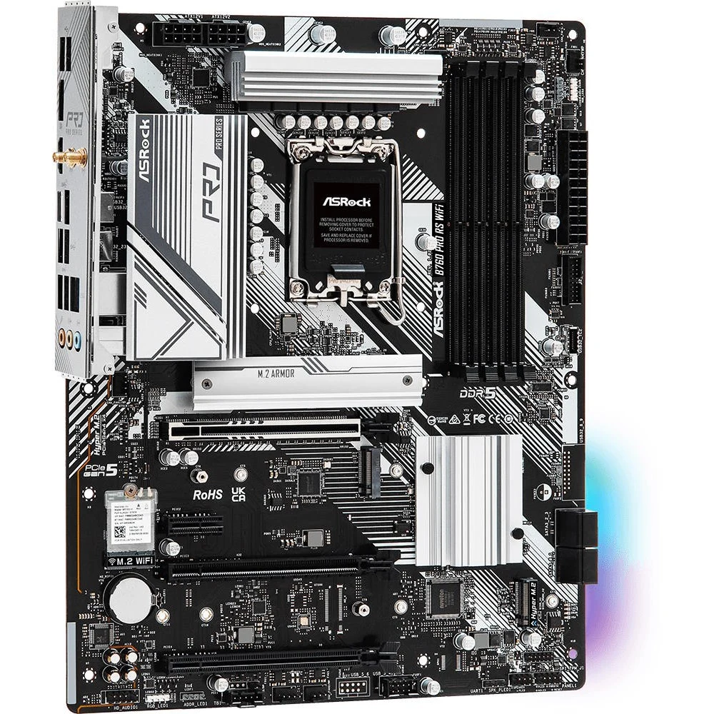 Материнская плата, ASRock, B760 PRO RS WIFI (4710483942815), LGA1700, iB760, 4xDDR5 3600/4000/4400/4800/7200+(OC), 4xSATA3, 3xM.2 (2*PCI-E 4.0x4, 1*PCI-E 4.0x2), Raid, 1xDP, 1xHDMI, 3xPCI-Ex16, 1xPC
