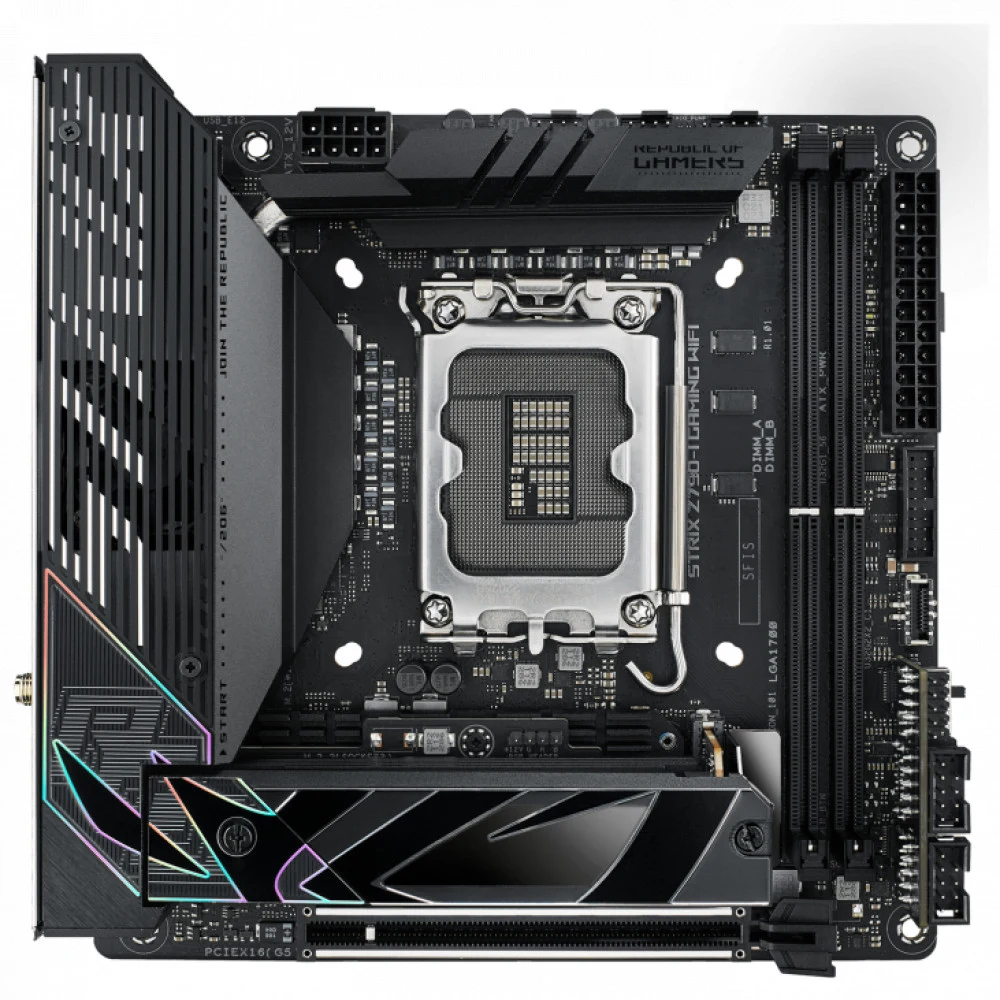 ASUS ROG STRIX Z790-I GAMING WIFI (Socket 1700, mini ITX, 2xDDR5(96GB), HDMI, 1xPCIe 5.0x16, 1xLAN (2.5GbE), Wi-Fi, BT, 2xSATA 6Gb/s, 2xM.2, 2xThunderbolt 4 , 1xType-C, 4xUSB 3.2, 2xUSB 2.0)